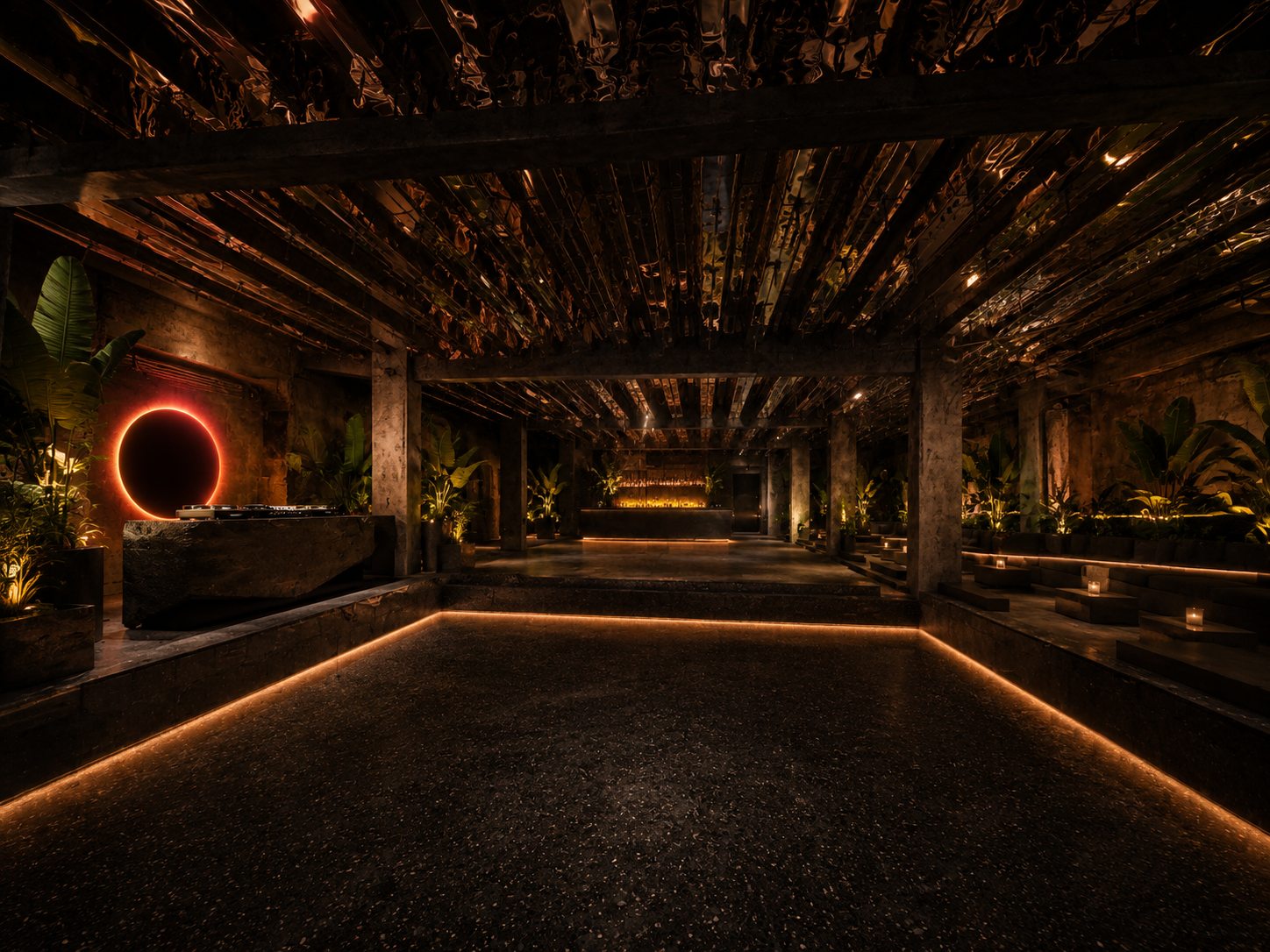 The DONDE club room: rim-lit sunken dance floor, raised stone bar under the glowing Eclipse ring, foliage against the concrete walls